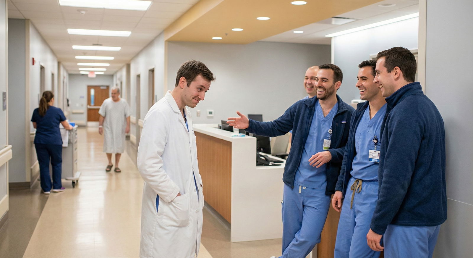 Residents decompressing and laughing together in a hospital courtyard -  for Is Dark Humor Ever Okay in Medicine? Where Most
