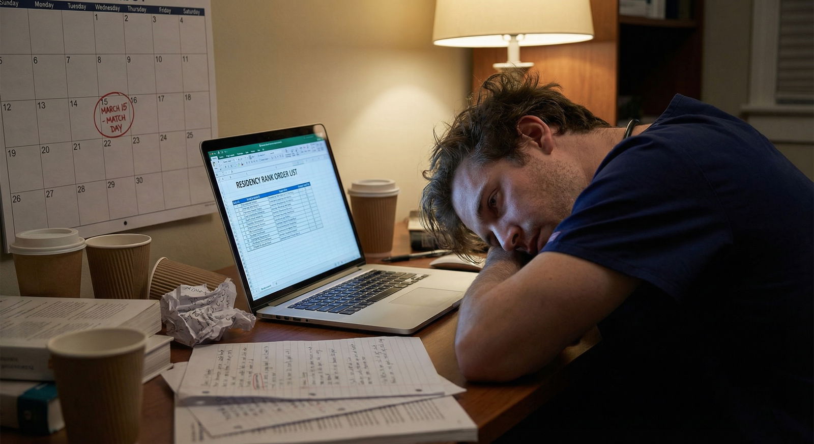 Medical student staring at computer screen late at night reviewing residency rank list -  for Afraid My Rank List Is Too Shor