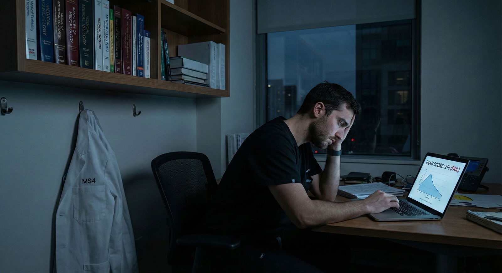 Medical student analyzing exam performance data on laptop -  for Correlation Between Shelf Percentiles and Interview Numbers