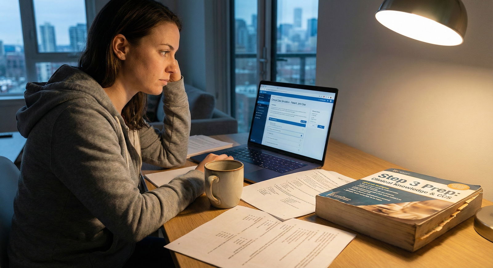 Medical student studying CCS and MCQs for USMLE Step 3 on a laptop with notes -  for How Important Is CCS Compared to MCQs on