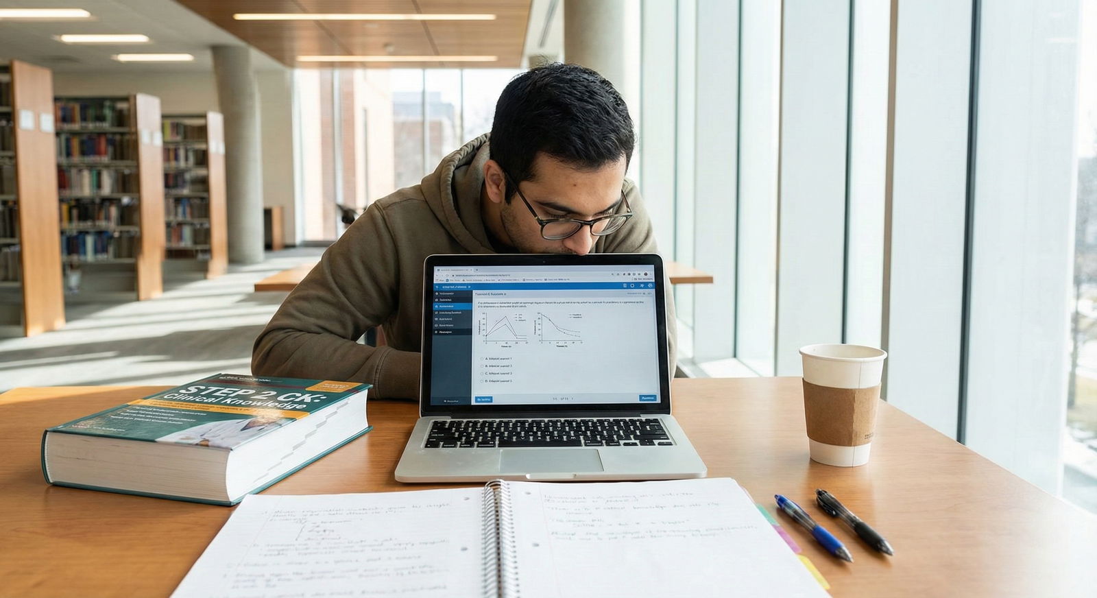 Medical student studying for Step 2 CK with laptop and question bank -  for What If I Barely Passed Step 1? How Much Do PDs A