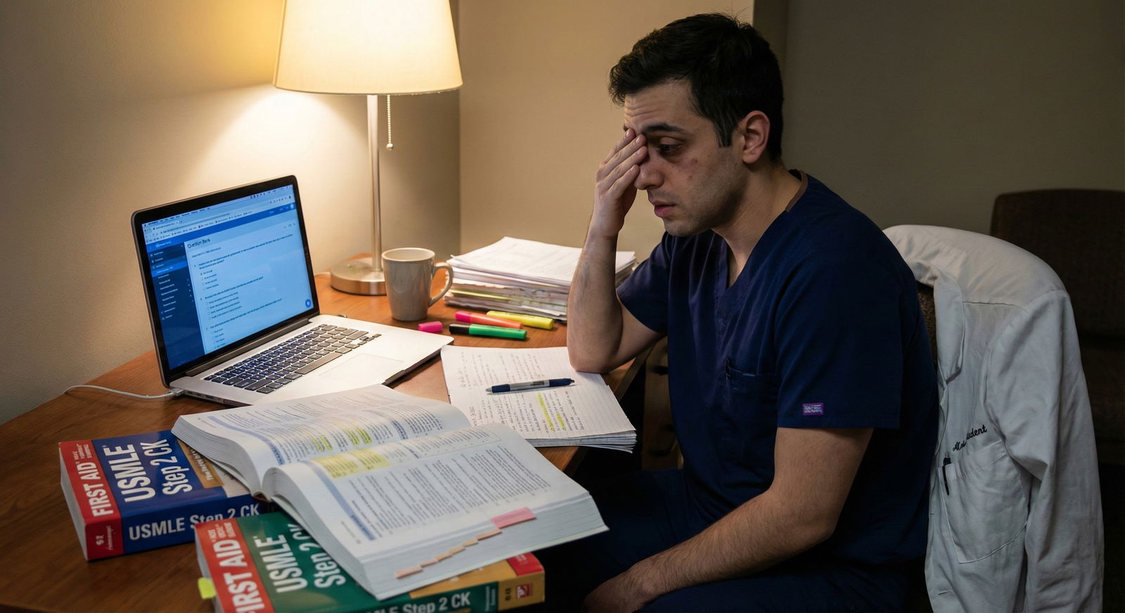 Resident studying for Step 3 late at night in call room -  for What If Night Float Ruins My Step 3 Study Plan Mid-Block?