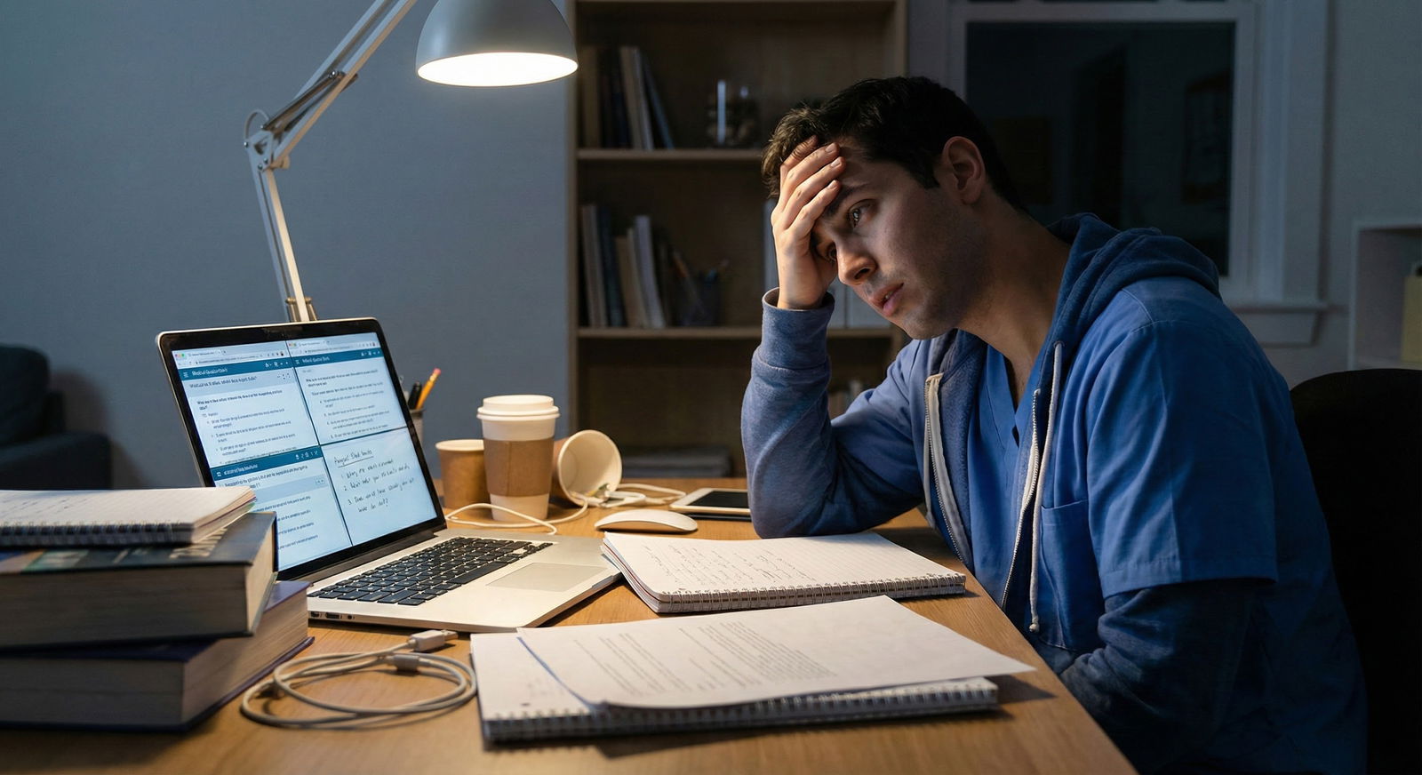 Resident working through COMLEX practice questions at a clinic desk -  for How Similar Is COMLEX Level 3 to Real-Life Outpati
