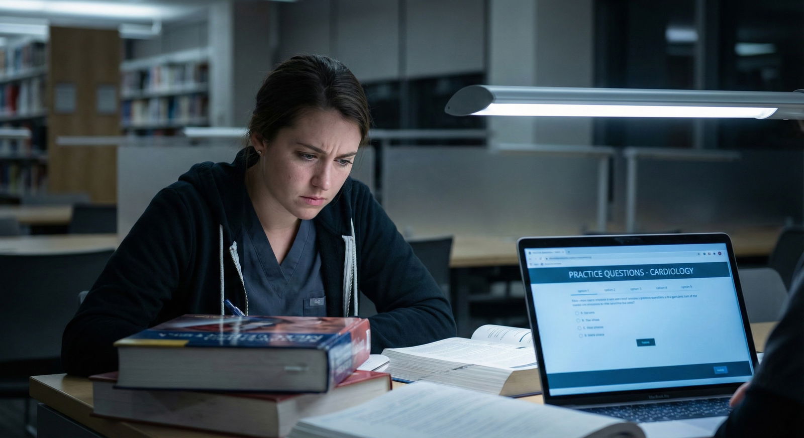 Medical student studying late at night, looking anxious with exam papers and laptop Medical student studying late at night, looking anxious with exam papers and laptop - for Cognitive Distortions That Drive T
