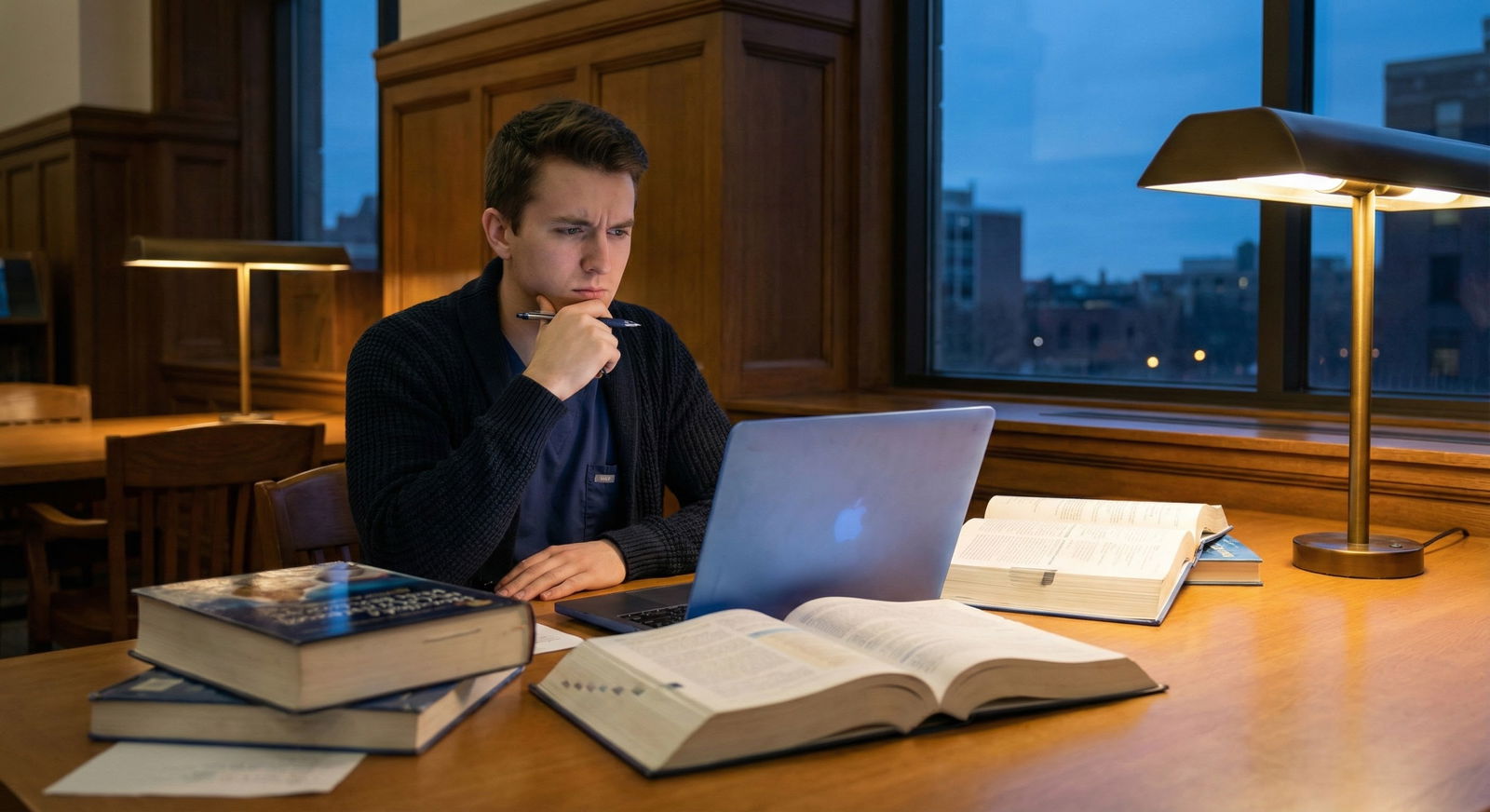Medical student studying late at night with notes and laptop, looking thoughtful -  for Should I Disclose Test Anxiety in My