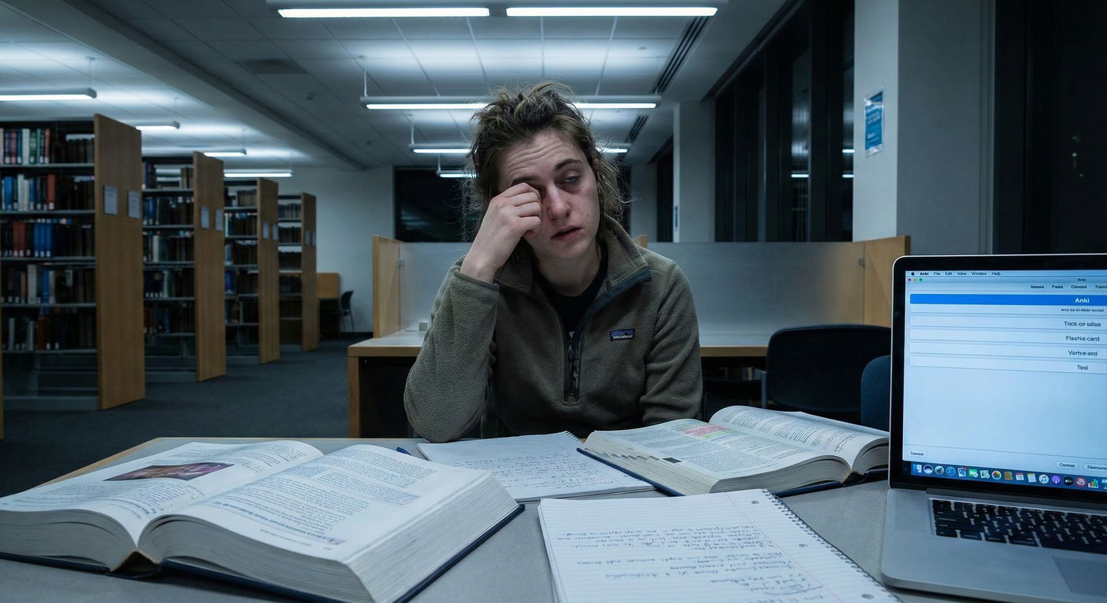 Exhausted medical student reviewing patient charts late at night on a hospital ward -  for Decision Fatigue in Clinical Rotat