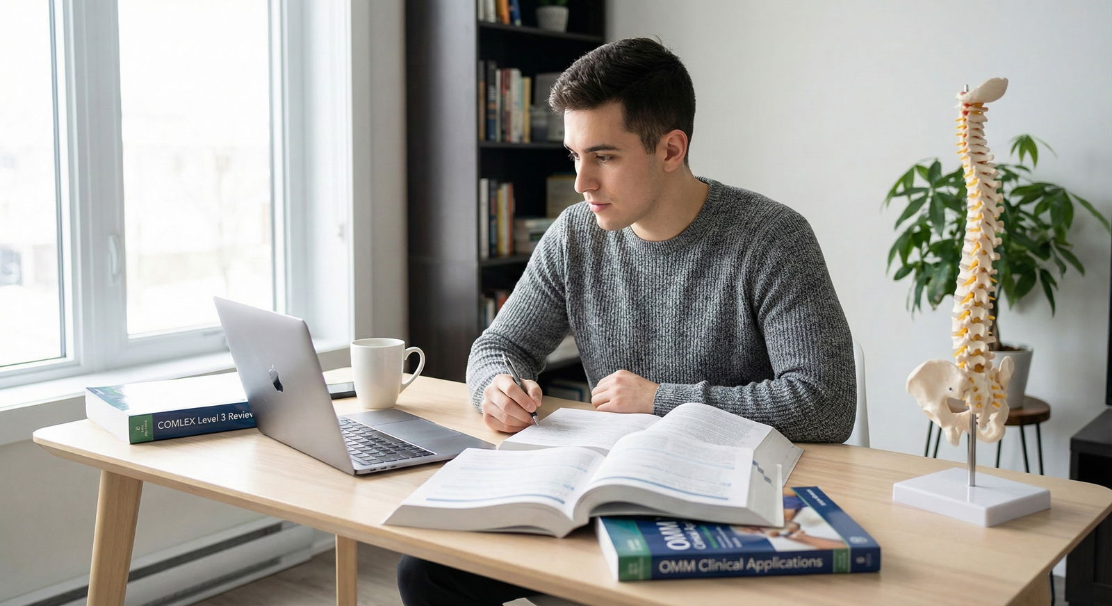 Medical student studying OMM for COMLEX Level 3 at desk with laptop and notes -  for Myth vs Reality: How Much OMM Is Actuall