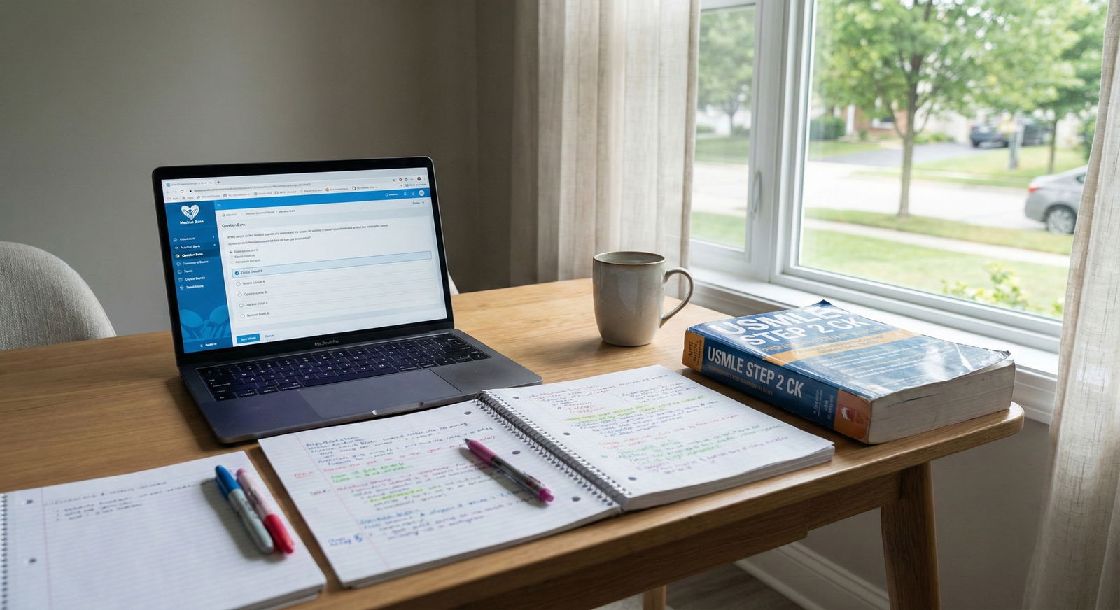 Medical student studying Step 2 CK questions on a laptop with notes -  for Which Step 2 CK Qbank Should You Start With First