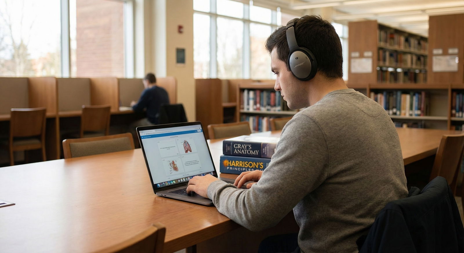 Medical student working on research late at night with coding and charts displayed on a laptop Medical student working on research late at night with coding and charts displayed on a laptop - for MD Student Burned Out o