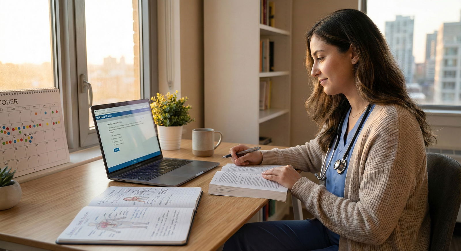 Medical student studying with notes and practice questions spread out, looking thoughtful but not overwhelmed -  for How Much