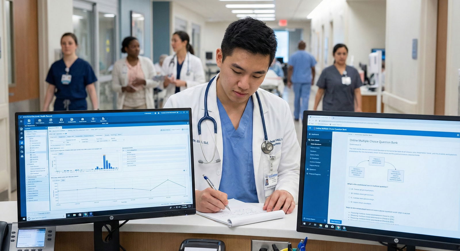 Medical student studying with patient chart and question bank side by side Medical student studying with patient chart and question bank side by side - for Common Shelf Exam Resource Errors That Blow