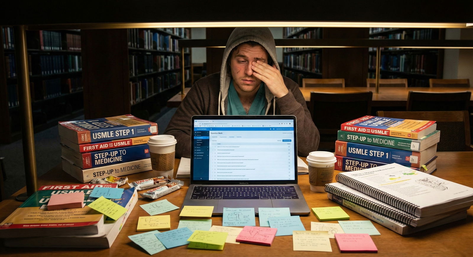 Medical student surrounded by shelf exam prep resources, looking overwhelmed Medical student surrounded by shelf exam prep resources, looking overwhelmed - for Common Shelf Exam Resource Errors That Bl