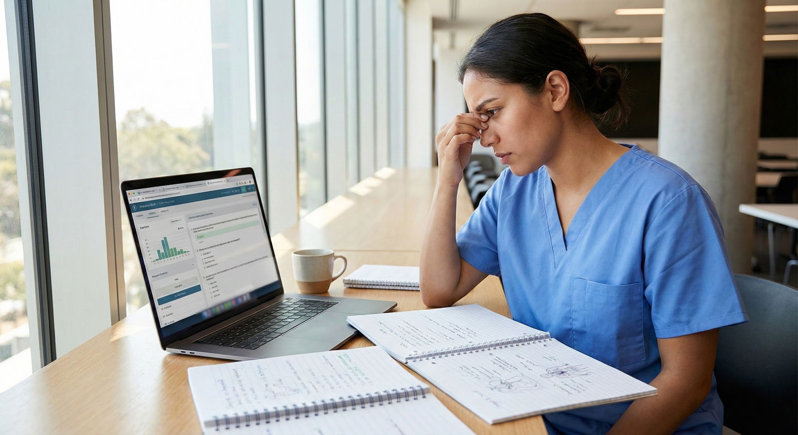 Medical student switching between multiple digital question banks on screen -  for Practice Exam Score Drop After Adding a Ne