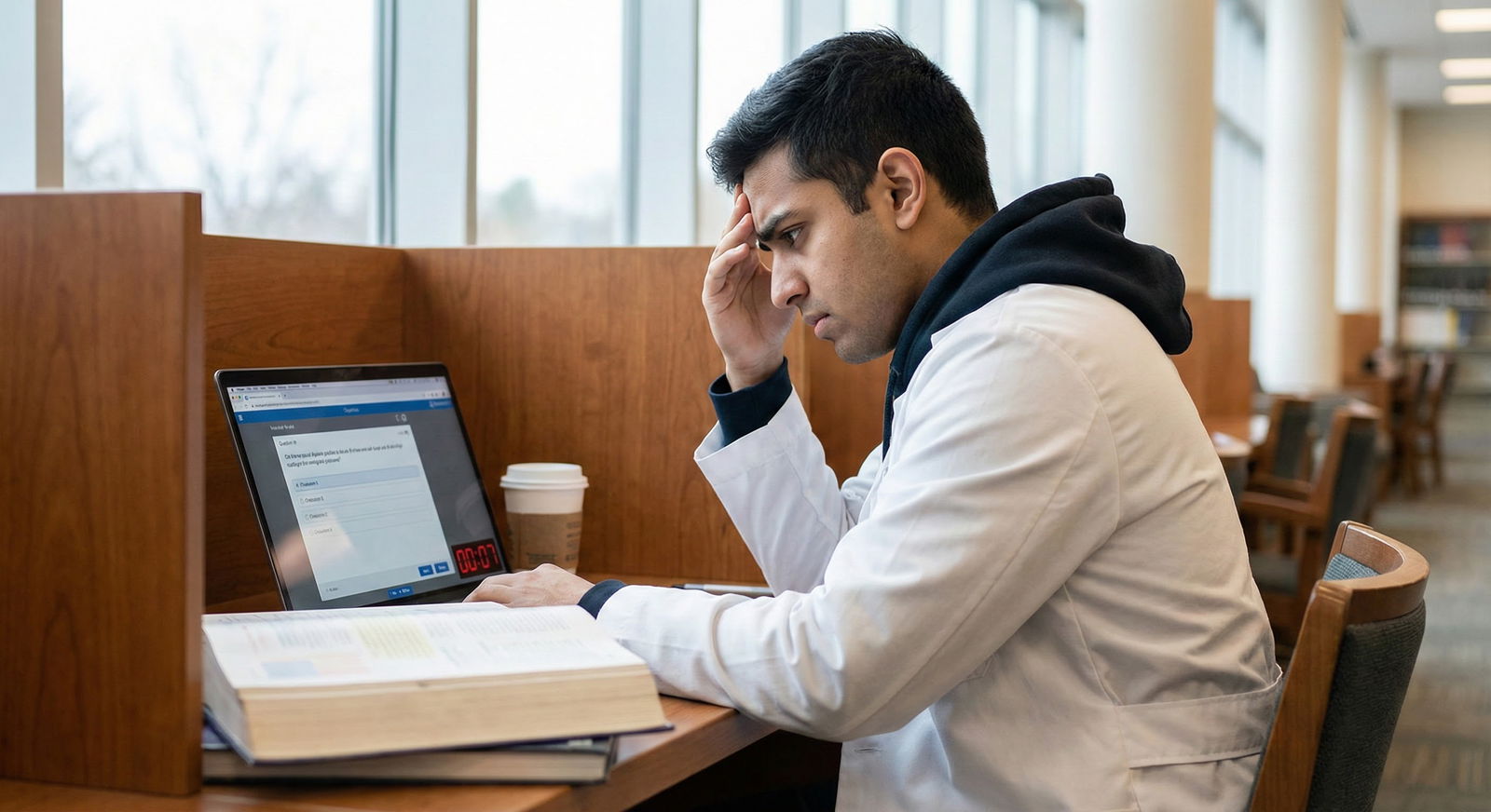 Medical student taking a timed practice exam with focused but anxious expression -  for Practice Exam Score Drop After Adding