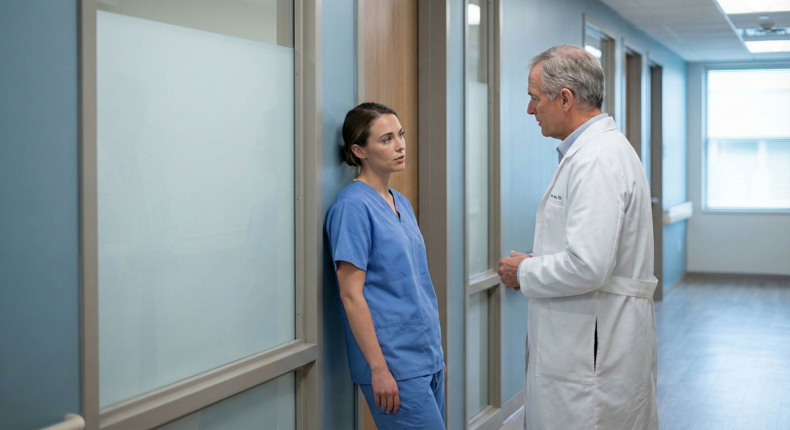 Medical student talking quietly with an attending physician in a hospital hallway -  for Should You Tell Attendings About You