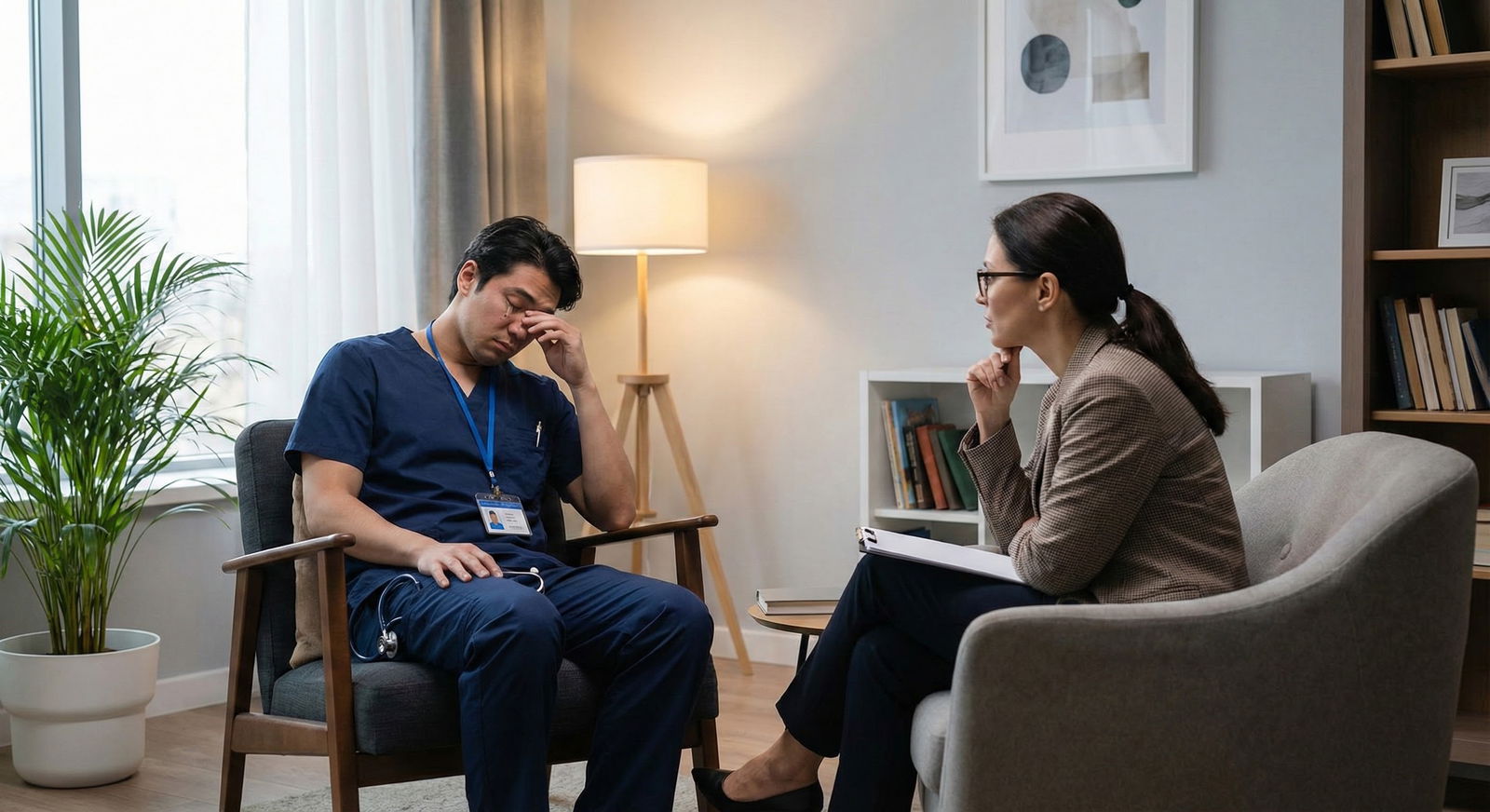 Medical student talking with therapist in a calm office -  for What Type of Therapist Is Best for Med Students and Residents?