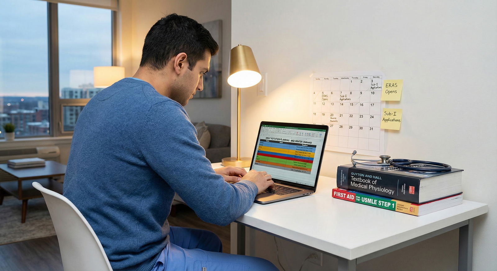 Medical student updating away rotation spreadsheet on a laptop -  for Away Rotation Planning Timeline: Deadlines From MS3 Win