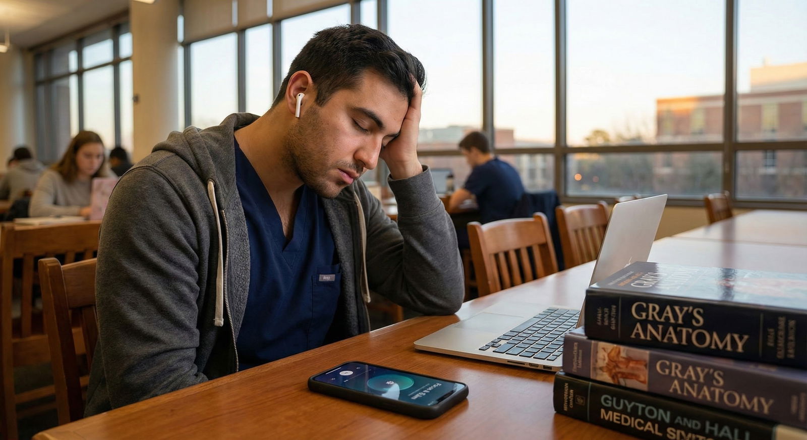 Medical student using a meditation app during a study break -  for Do Meditation Apps Really Help Med Students Under Heavy St