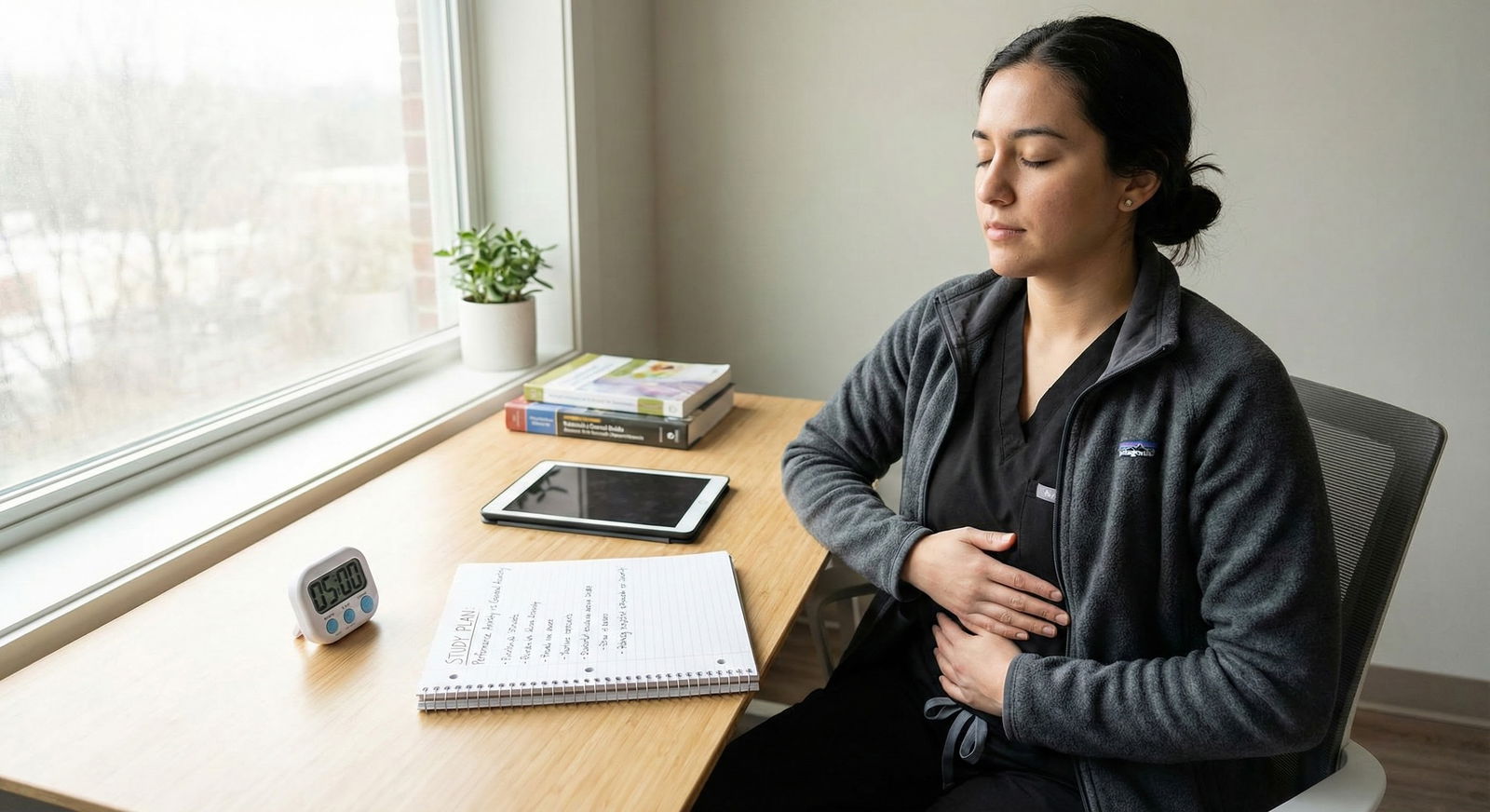 Medical student studying calmly in library after implementing anxiety strategies -  for Terrified of Failing Again After an A