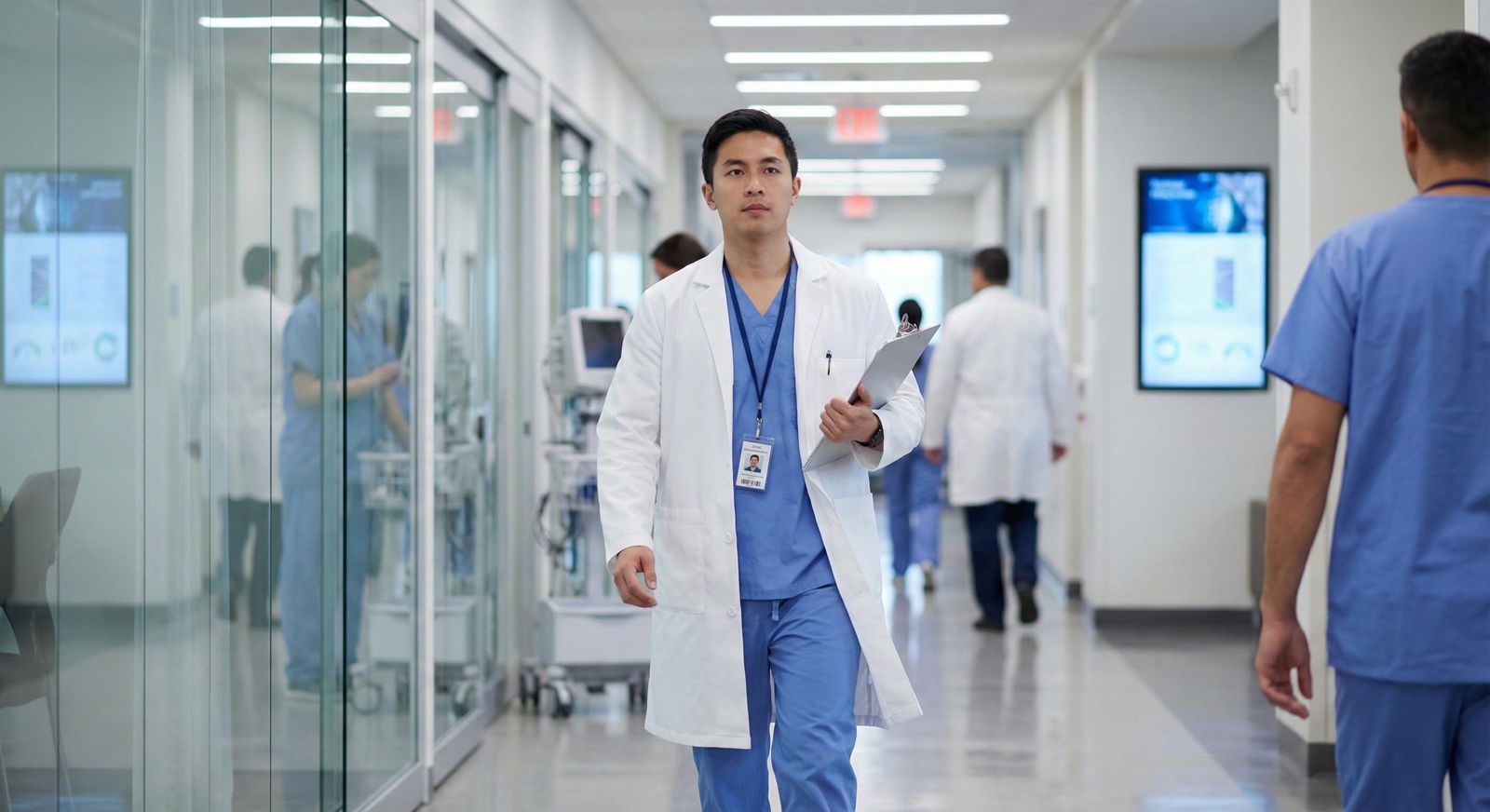 Medical student walking through hospital hallway during away rotation -  for Away Rotation Planning Timeline: Deadlines From