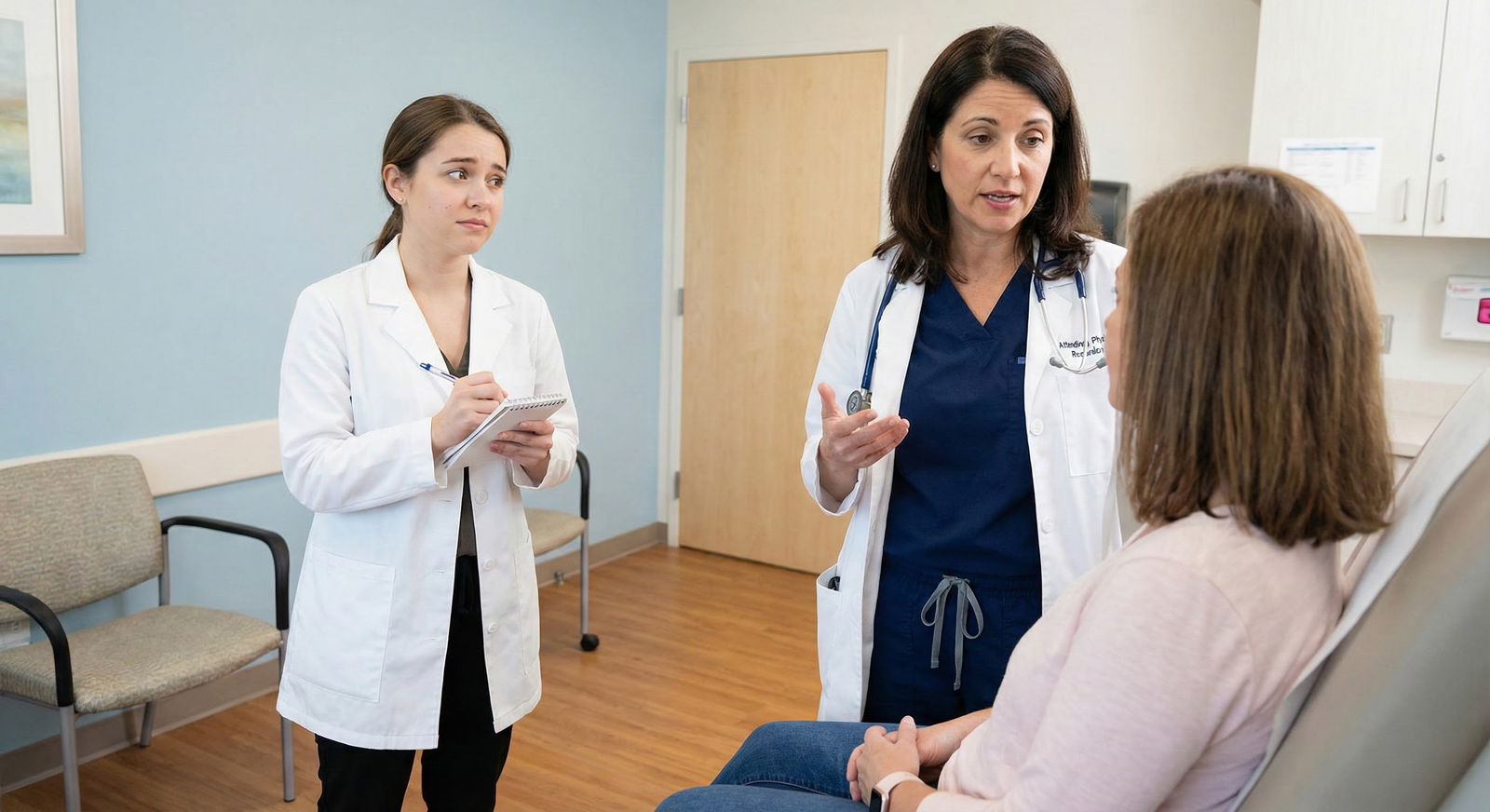 Medical student watching an attending physician during clinic, highlighting passive shadowing -  for Avoid These Shadowing-On
