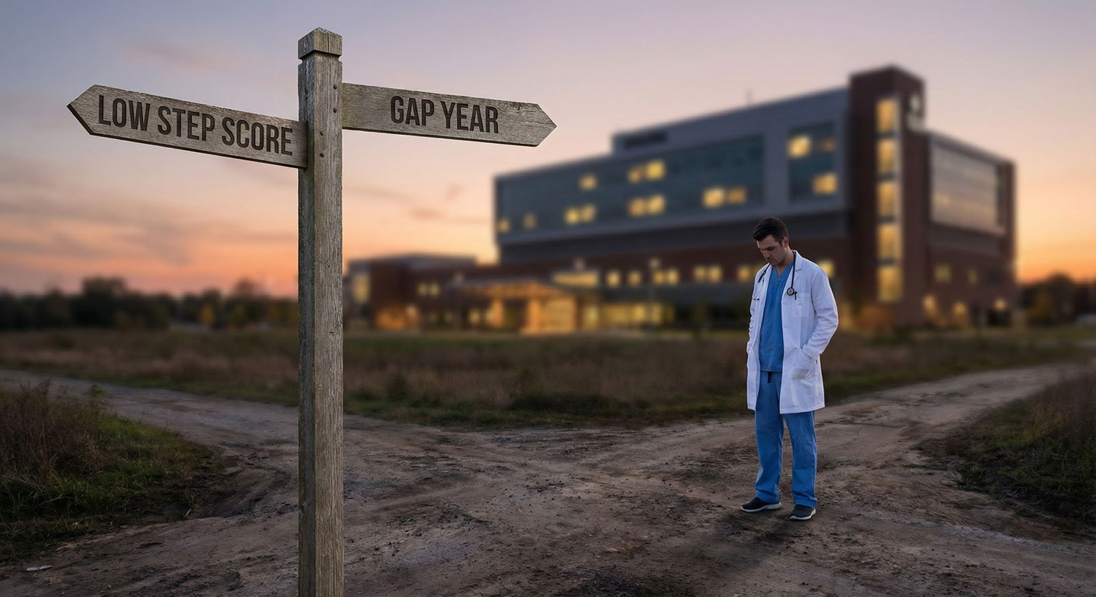 Medical student reviewing residency application strategy late at night -  for Handling a Low Step Score with No Home Departme