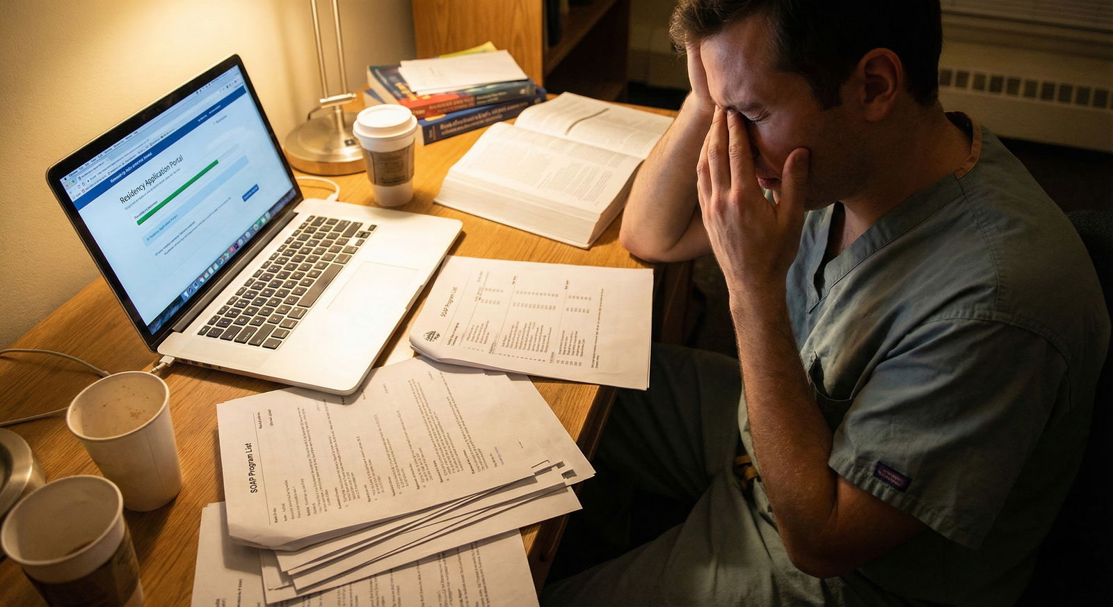 Medical student with papers and laptop in disorganized workspace during SOAP Medical student with papers and laptop in disorganized workspace during SOAP - for SOAP Rank List Errors That Cost You Posit