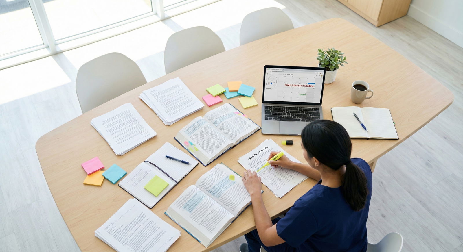 Medical student with printed notes mapping experiences on table -  for 90-Day Countdown to ERAS: Weekly Personal Statement Ac
