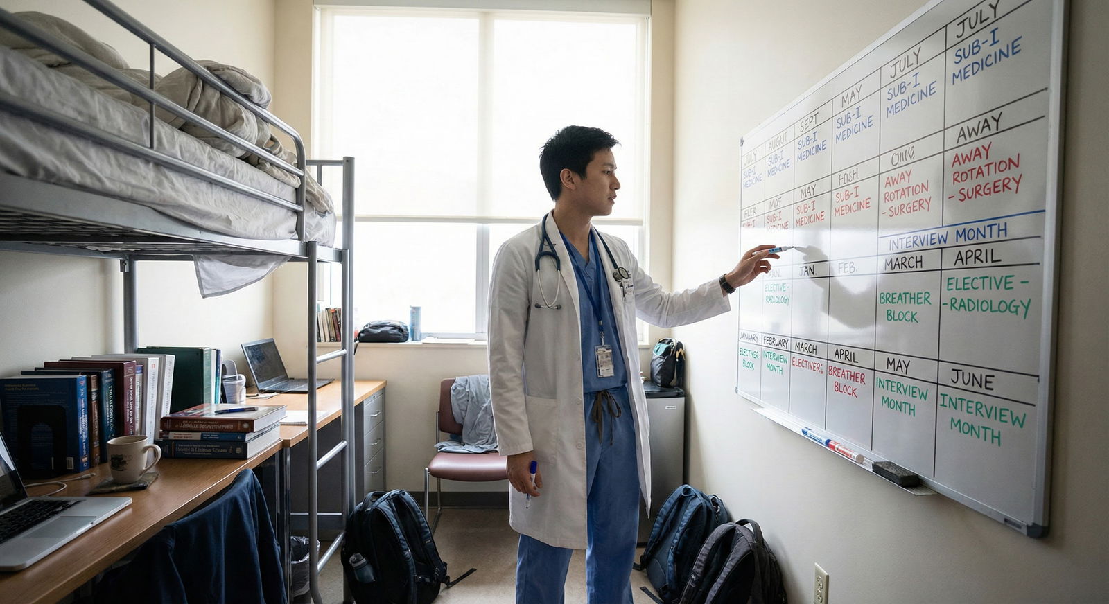 Medical student writing rotation schedule on a whiteboard Medical student writing rotation schedule on a whiteboard - for Designing Your MS4 Year: Sub‑I, Away Rotations, and Breather