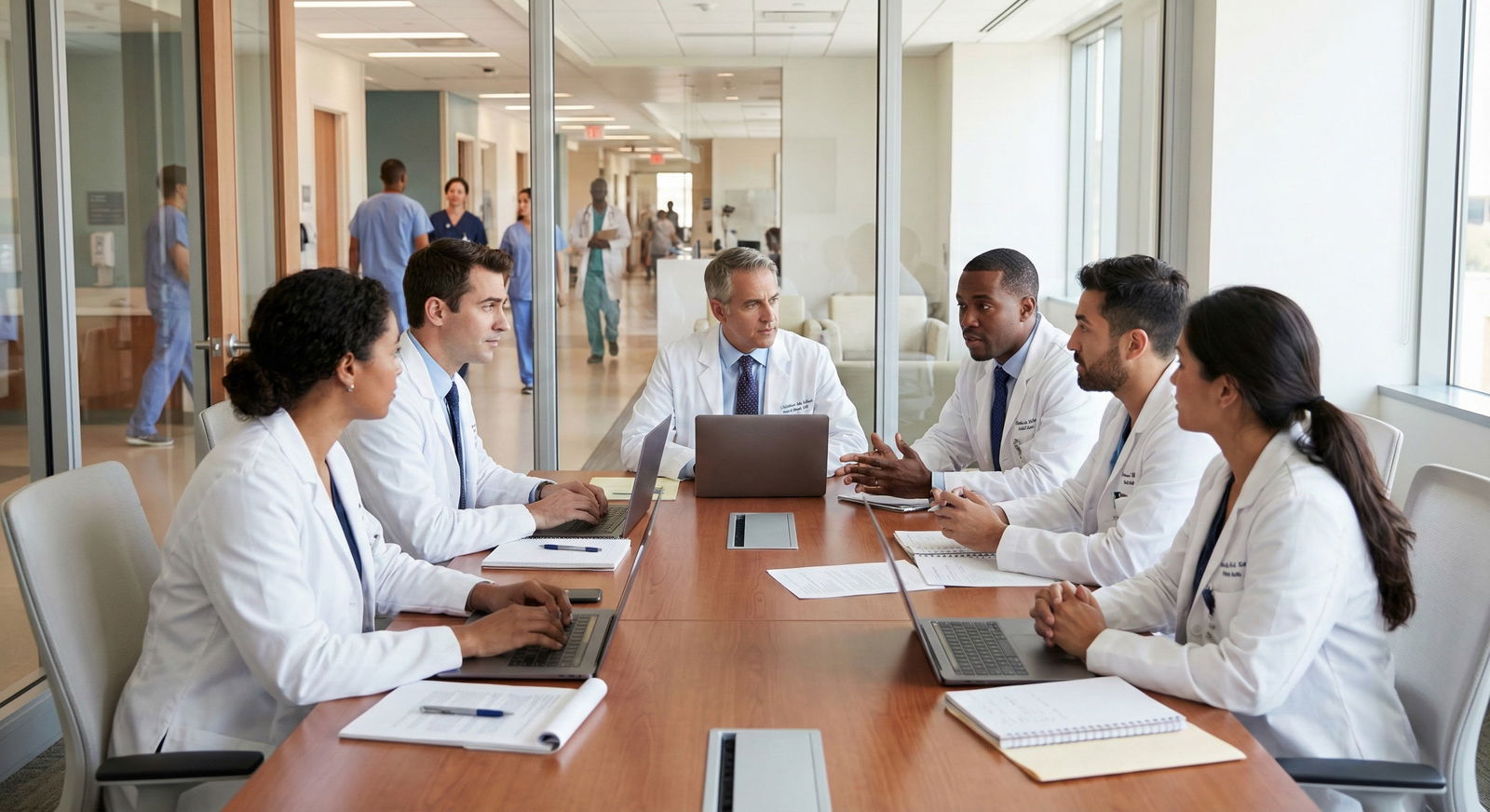 Medical students discussing leadership and long-term projects in a hospital conference room -  for Are Leadership Titles or L