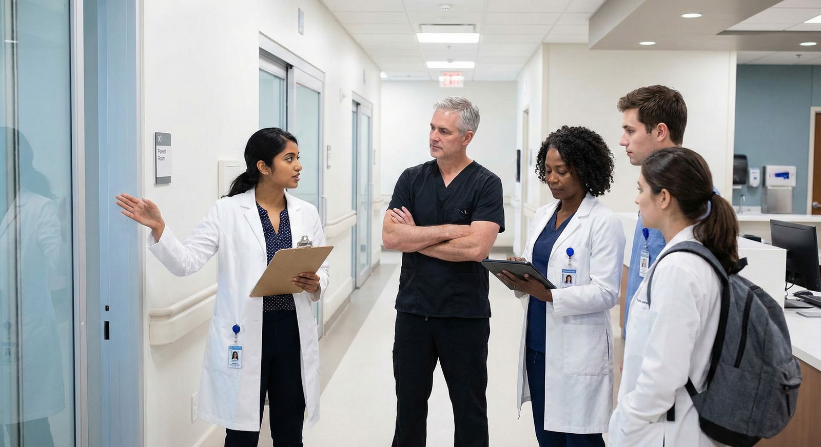 Resident on a quiet hospital ward reviewing patient charts in a low-traffic hallway -  for If You Get Assigned Low‑Visibility