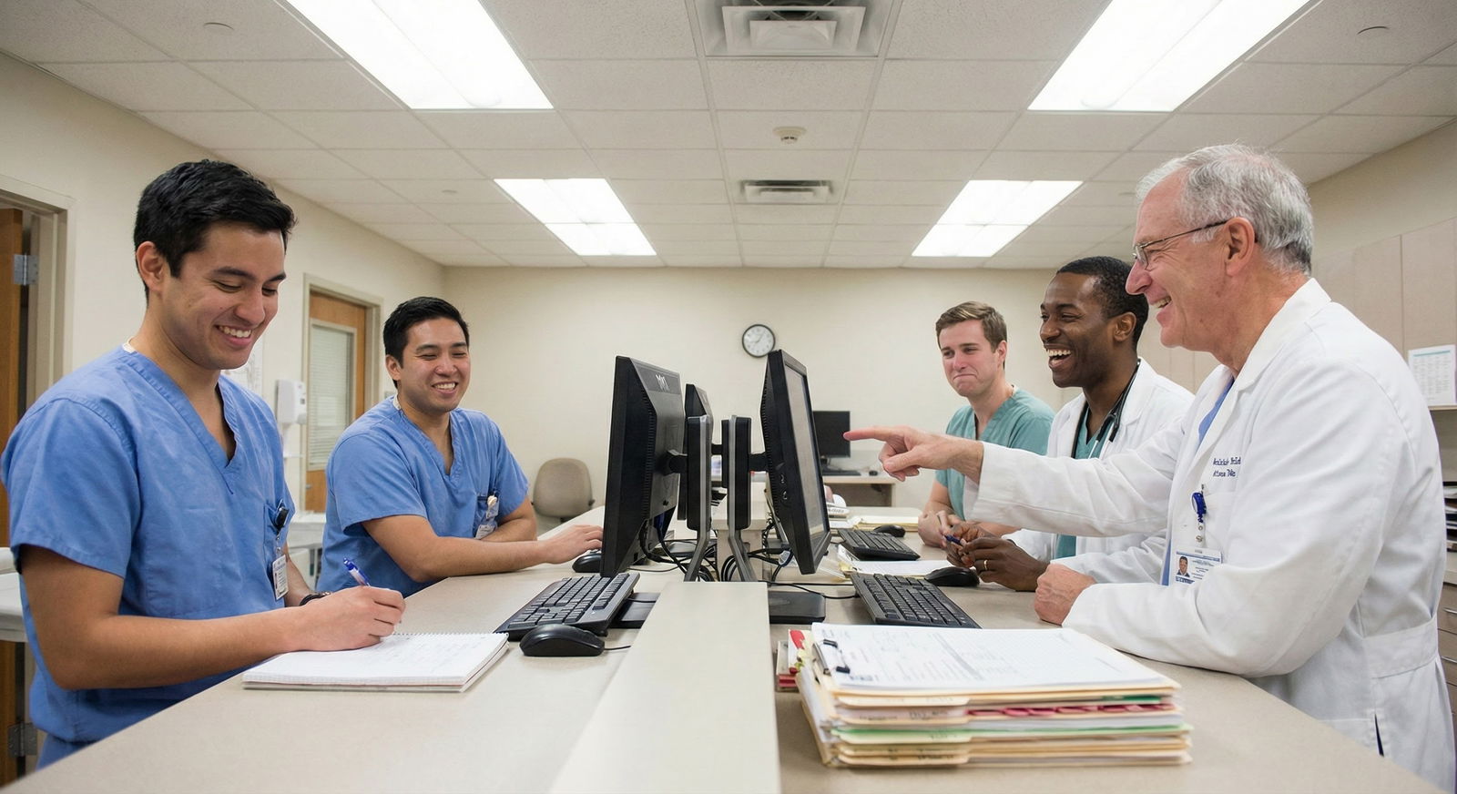 Medical team sharing a brief laugh during rounds -  for Will Future Docs Need ‘Humor Training’ in Med School Curricula?