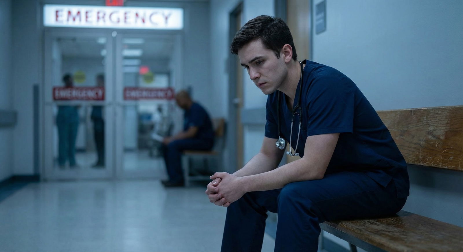 Medical trainee alone in hospital corridor feeling overwhelmed -  for What If Mindfulness Makes Me Too Emotional to Function