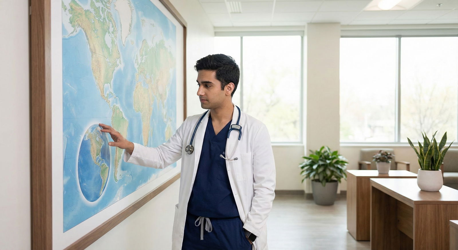 Medical trainee looking at a world map and planning an international career -  for Where Should I Train If I Know I Want to W