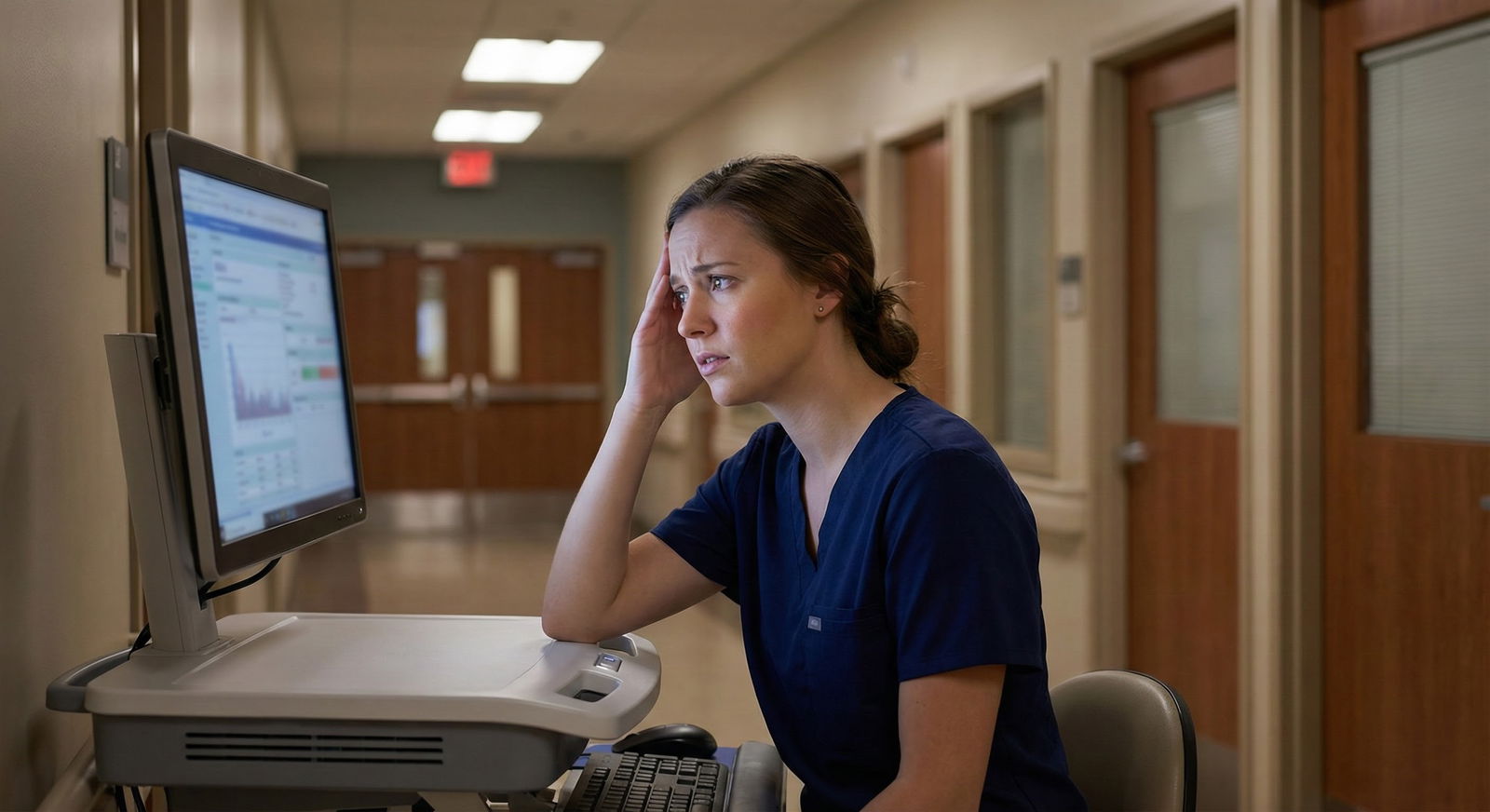 Medical trainee looking concerned while documenting in a hospital room -  for What If I Suspect Child Abuse but I’m Not 100%