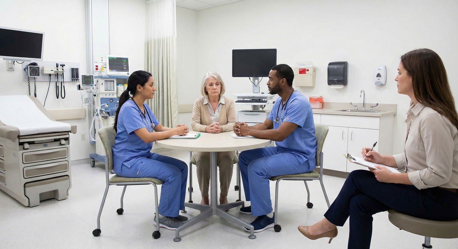 Medical trainees discussing risk and legal cases in a hospital conference room -  for How Often Are Trainees Named in Lawsuit