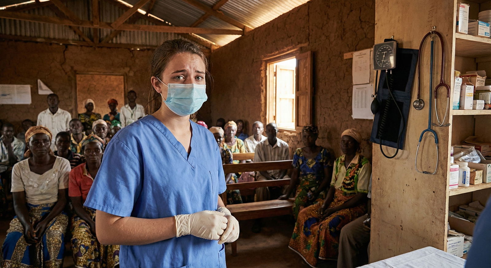Medical volunteer in low-resource clinic wearing PPE, looking thoughtful Medical volunteer in low-resource clinic wearing PPE, looking thoughtful - for Scared of Infectious Risks on Missions? Reali