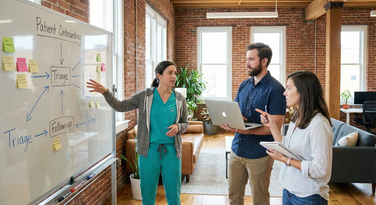 Mixed clinical and technical founding team sketching a patient workflow on glass board -  for The Myth of the Lone Genius Doc