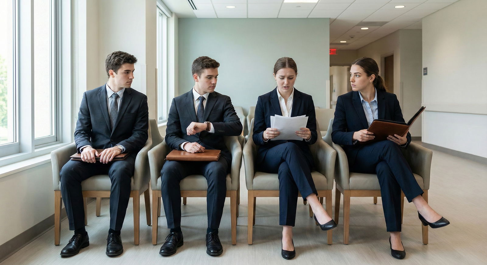 Multiple residency applicants waiting, all looking similar -  for What Program Directors Hear When You Answer ‘Tell Me About
