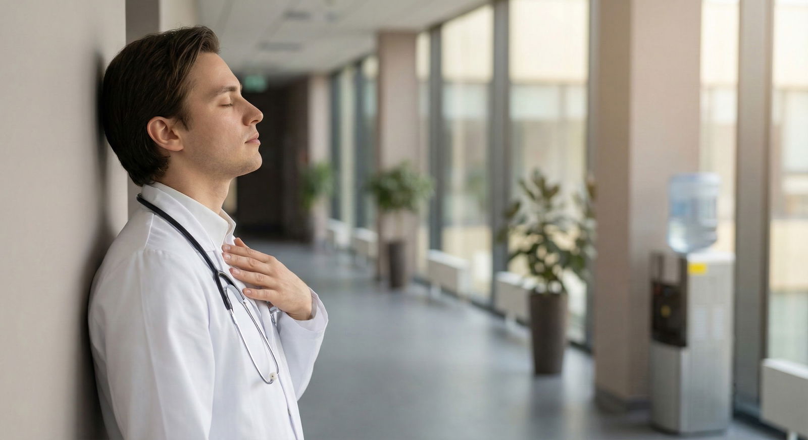 Attending physician sitting alone after a failed resuscitation, reflecting in a dim hospital break room at night Attending physician sitting alone after a failed resuscitation, reflecting in a dim hospital break room at night - for How t