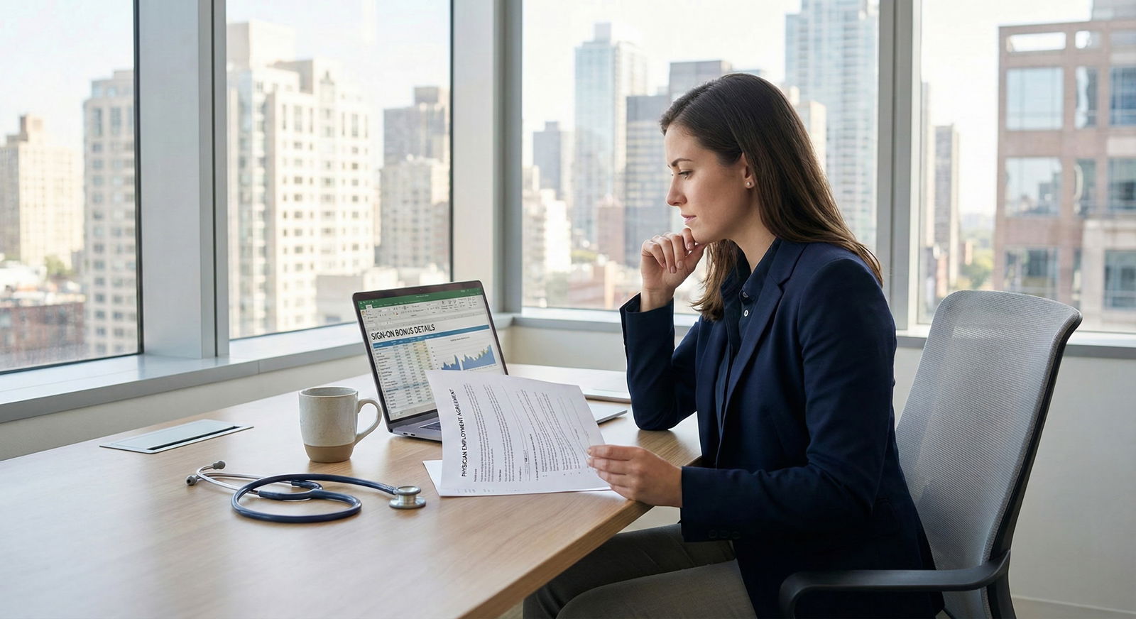 New attending physician reviewing job offer and [sign-on bonus](https://residencyadvisor.com/resources/physician-contract-neg