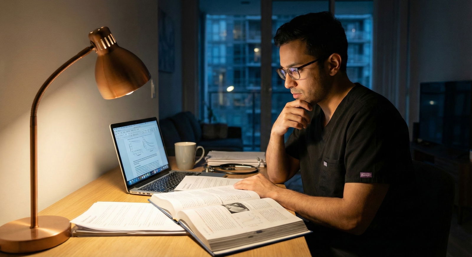 Older medical trainee studying at night by desk lamp, focused expression -  for Worried You “Missed Your Chance” at Medicine