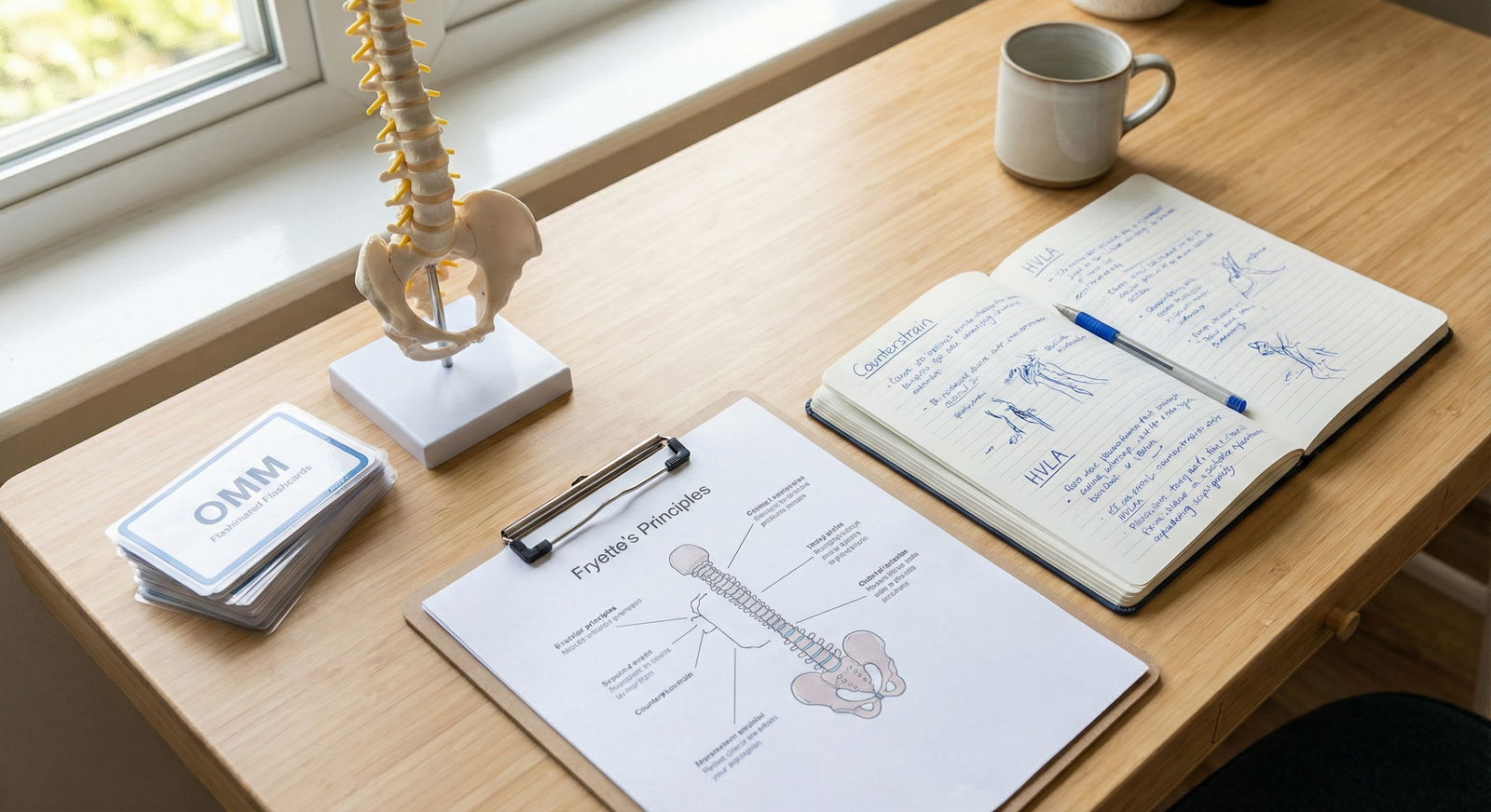 OMM study notes and spinal model on resident desk -  for 8 COMLEX Level 3 Study Errors that Sink Otherwise Strong DOs