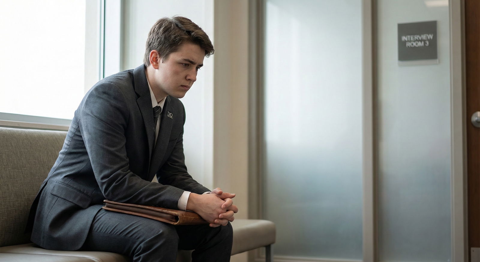Osteopathic medical student in suit waiting anxiously for residency interview in a hospital hallway -  for Will Talking About