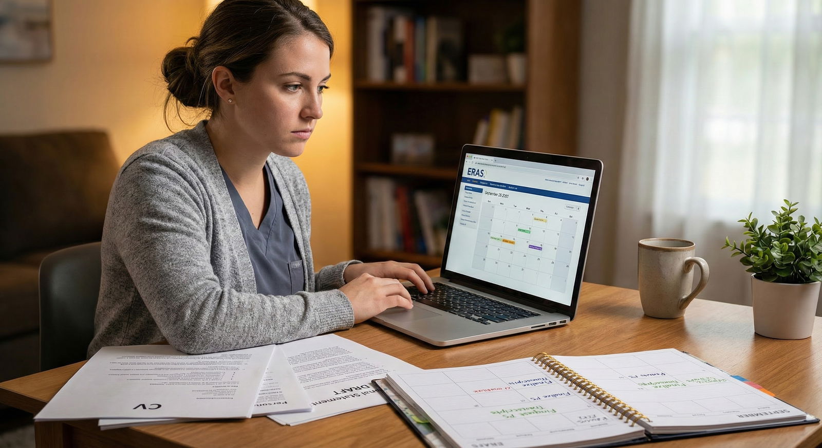 Osteopathic medical student organizing ERAS residency applications on laptop with planner and coffee -  for ERAS Season for D