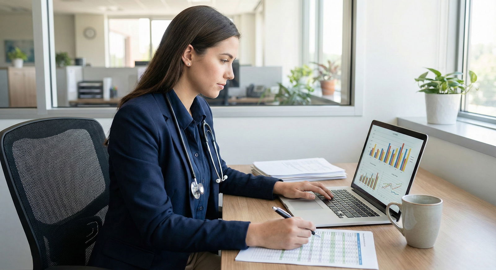 Osteopathic medical student reviewing residency interview statistics on a laptop -  for Interview-to-Match Ratios for DOs in
