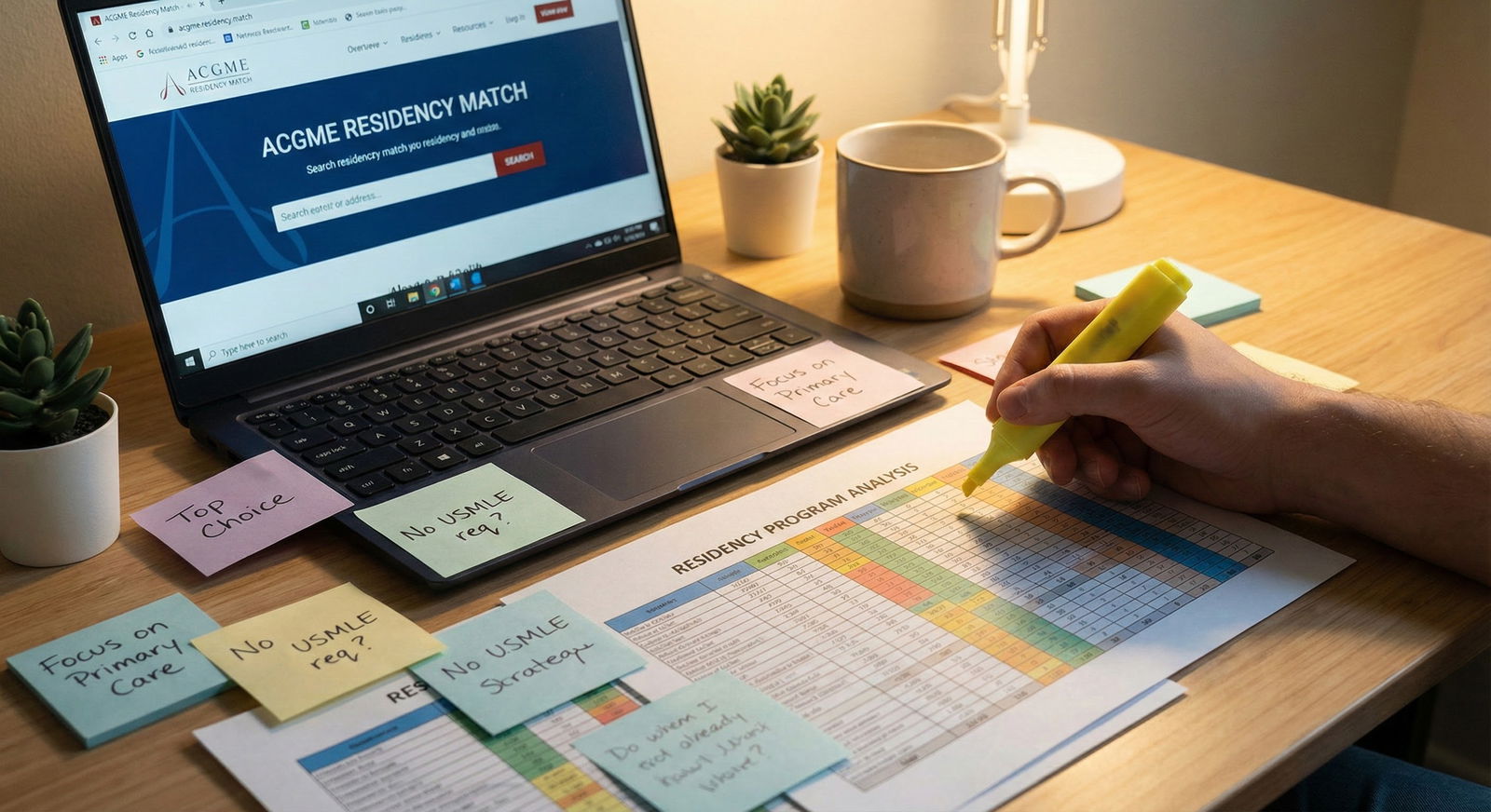 Osteopathic student marking a residency program list with a highlighter and sticky notes -  for If You’re a DO Without USMLE