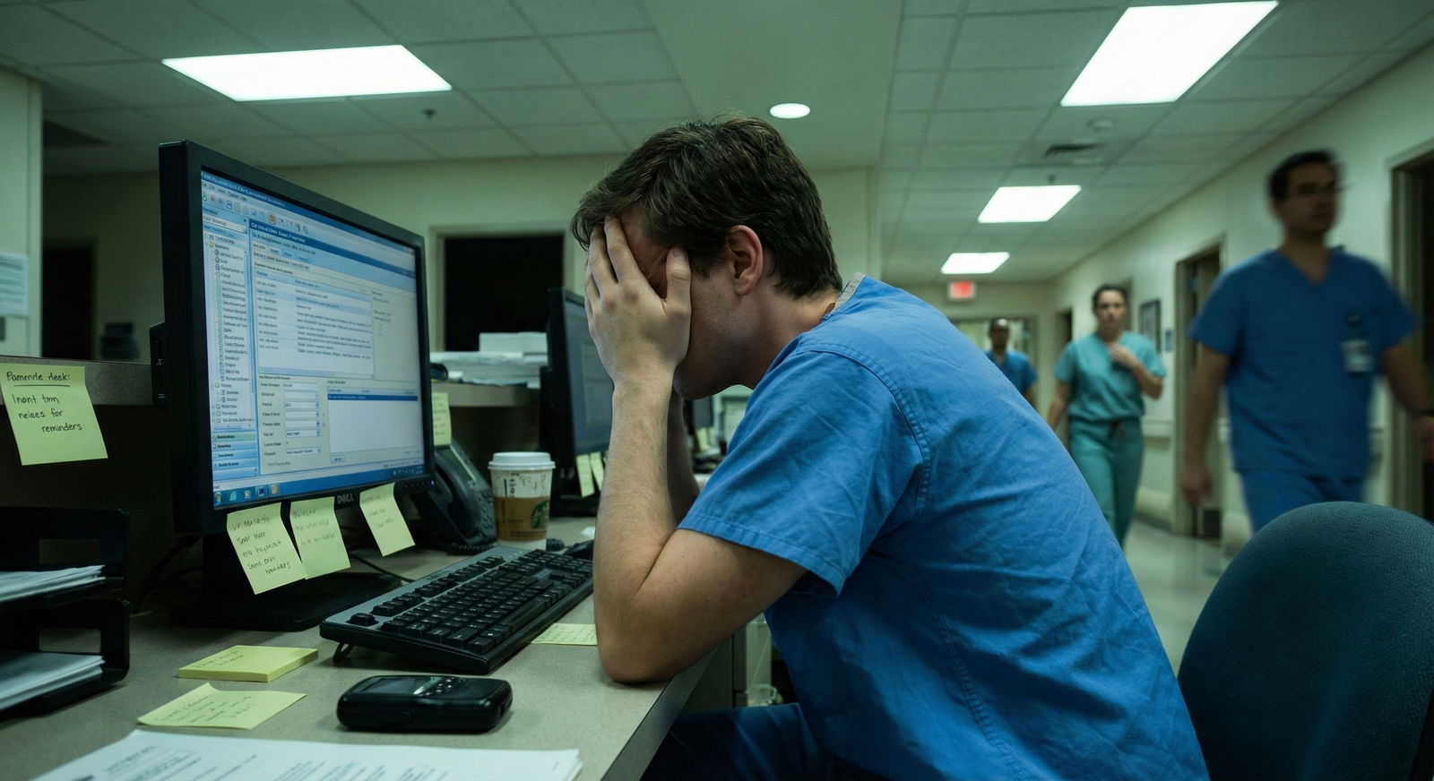 Overwhelmed medical intern at workroom desk with scattered notes and pager -  for What If I Can’t Keep Up? Organization Strat
