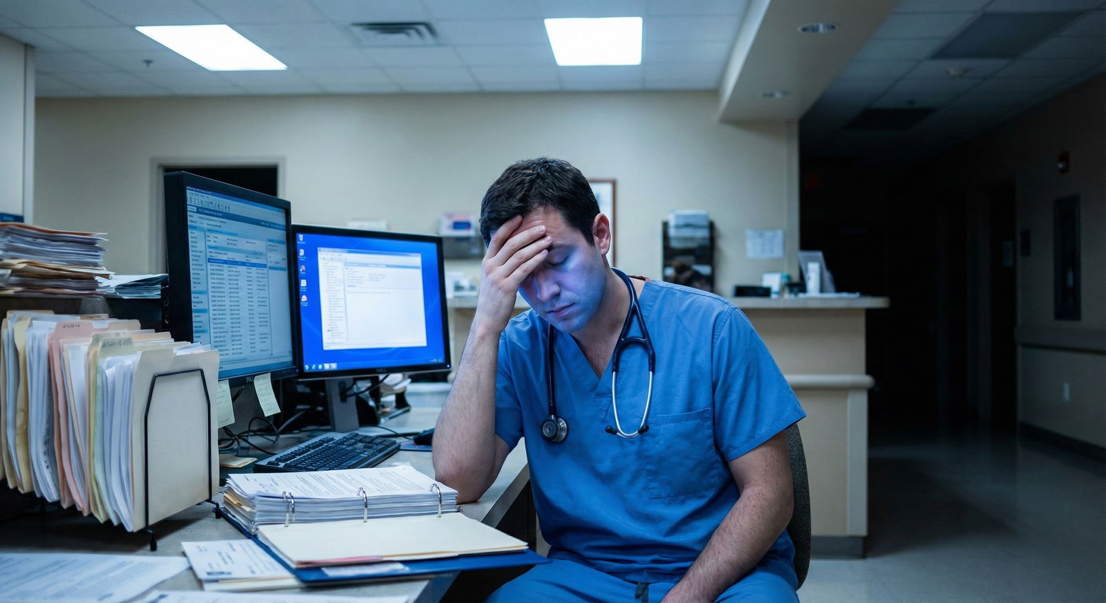 Overwhelmed resident reviewing charts late at night Overwhelmed resident reviewing charts late at night - for Imposter Syndrome in ‘Easy’ Specialties: Feeling Like You Don’t Be