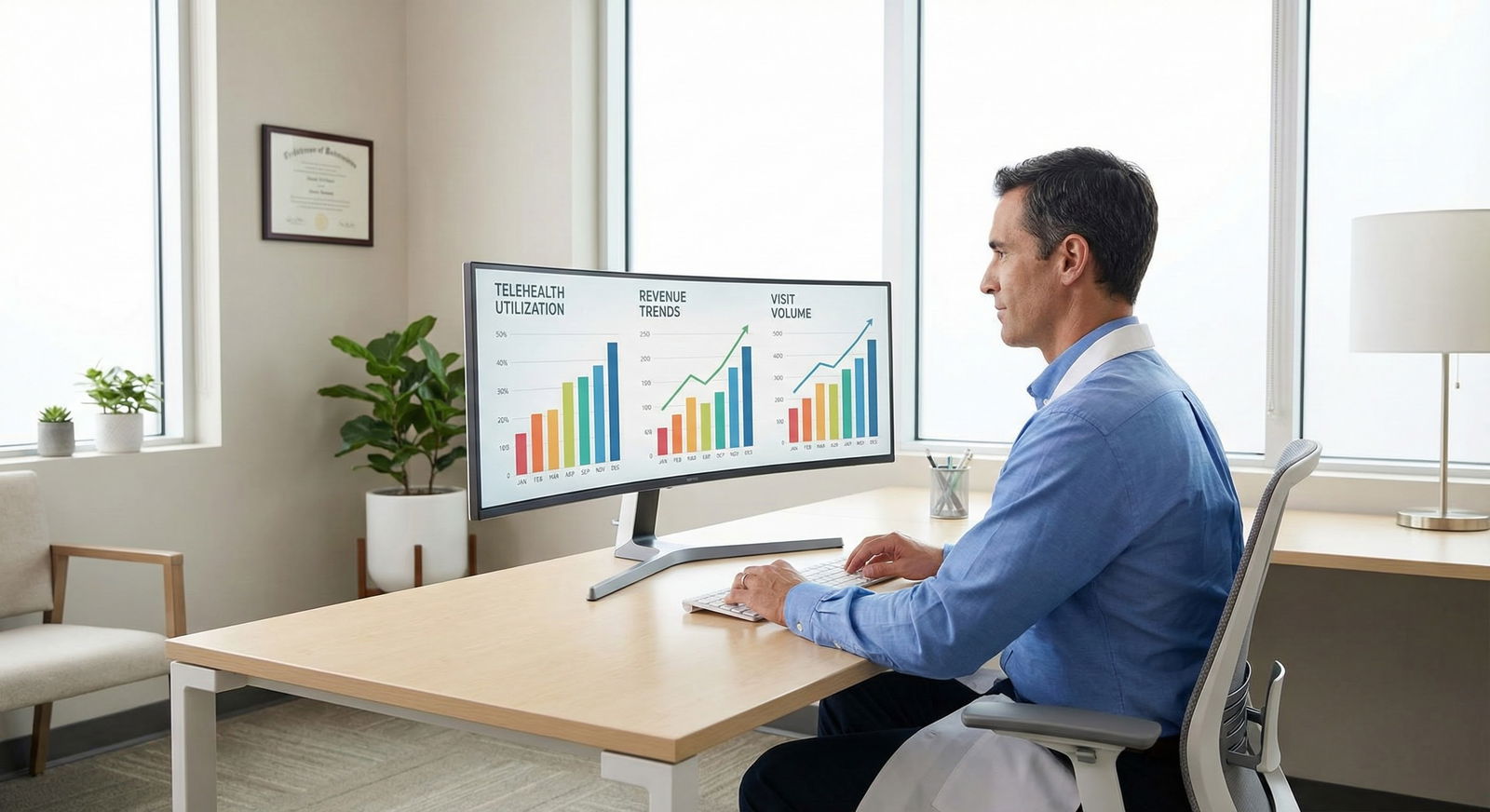 Physician analyzing telehealth utilization metrics on dashboard -  for Telehealth Utilization Stats: When Virtual Visits Actu